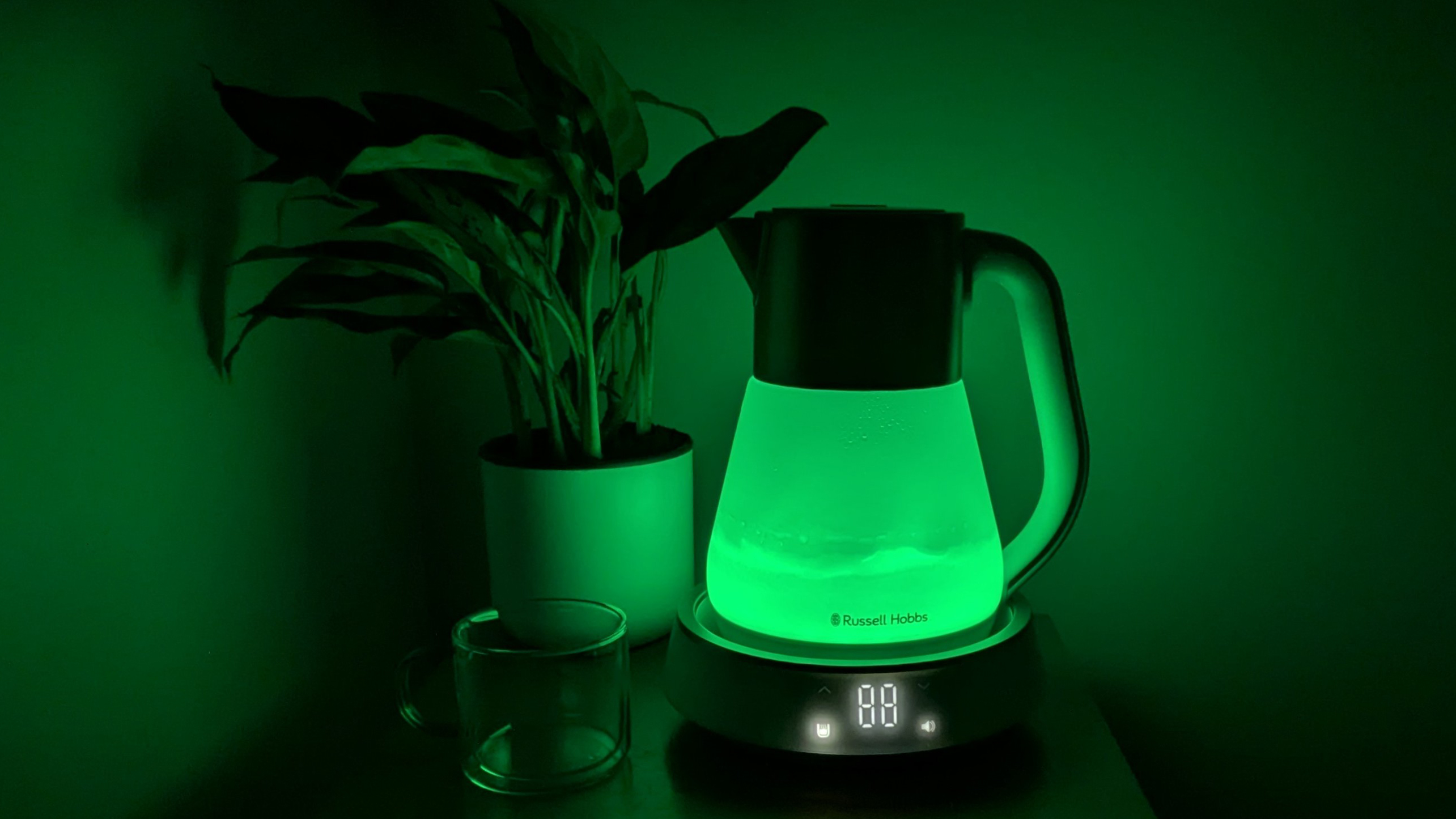 Russell Hobbs Calm Kettle boiling water while illuminated green