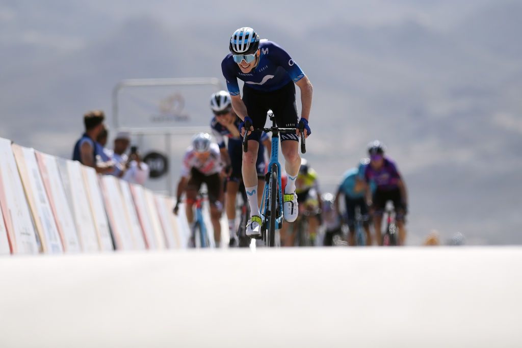 JABAL HATT OMAN FEBRUARY 13 EDITORS NOTE Alternate crop Matteo Jorgenson of The United States and Movistar Team sprints to win during the 12th Tour of Oman 2023 Stage 3 a 1518km stage from Al Khobar to Jabal Hatt 1000m TourofOman on February 13 2023 in Jabal Hatt Oman Photo by Alex BroadwayGetty Images