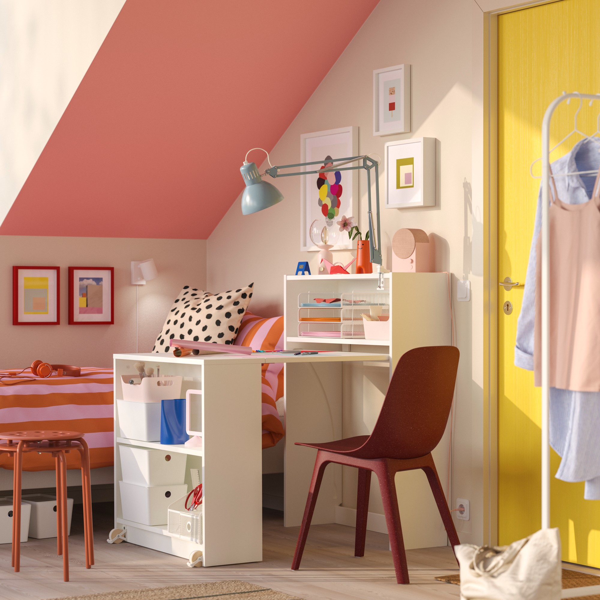 IKEA BILLY Bookcase with foldable table in a colourful bedroom
