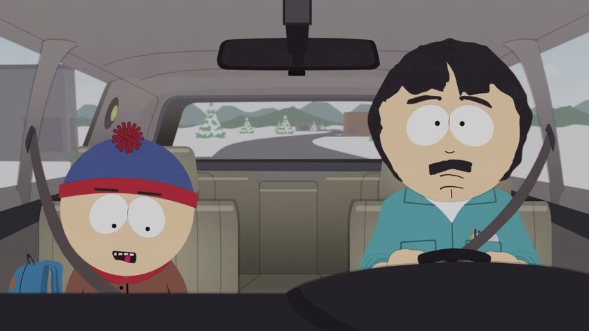 Stan and Randy Marsh ride in a car on South Park.