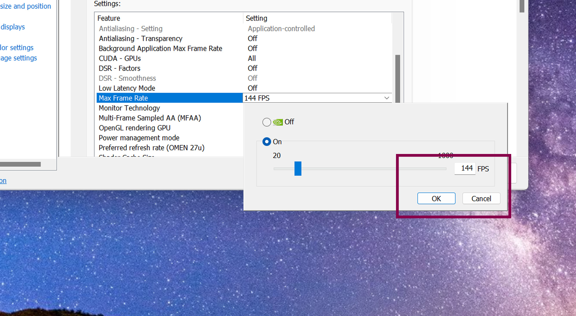 Снимок экрана с инструкциями по установке максимальной частоты кадров на графическом процессоре Nvidia.