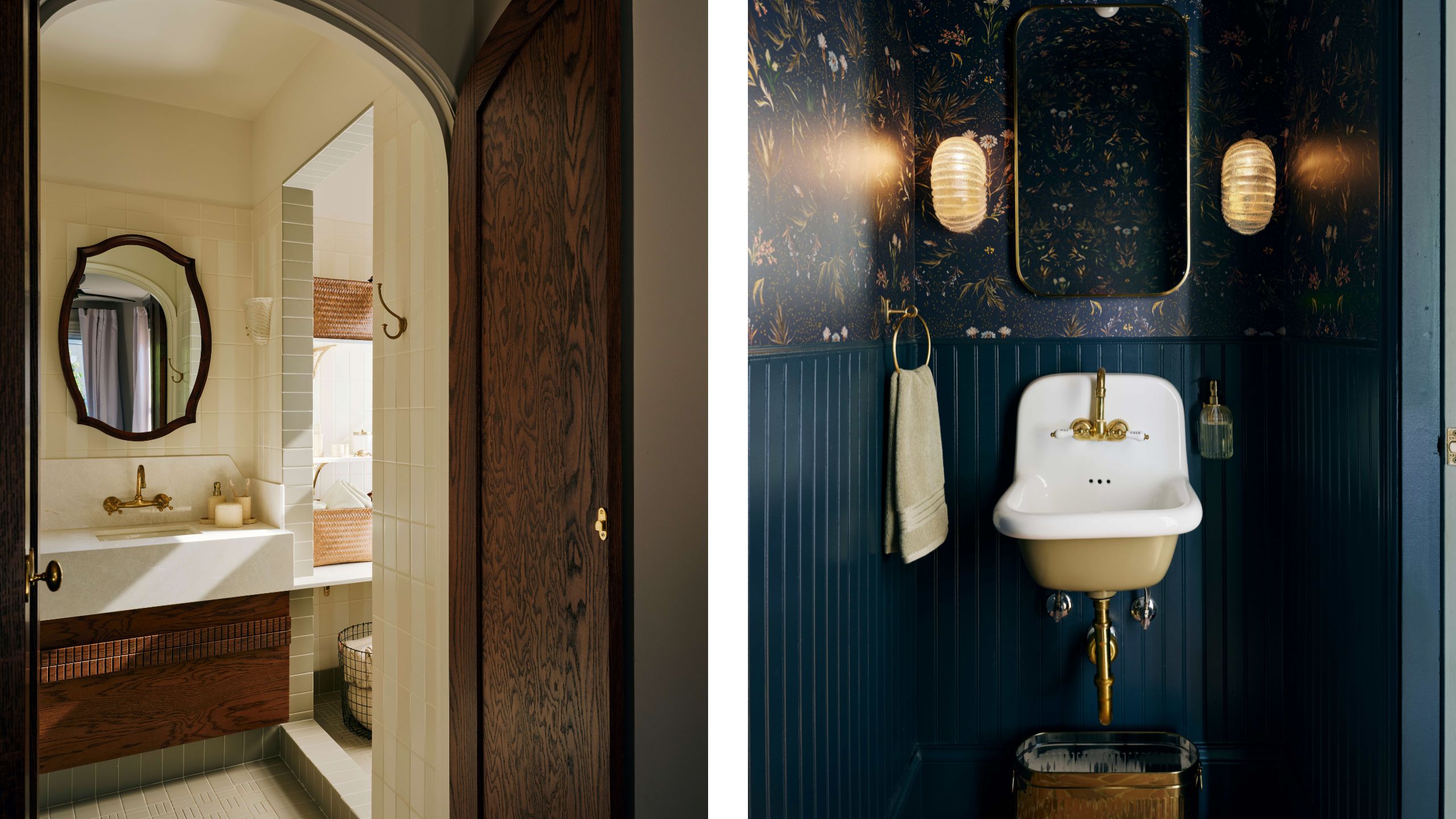 two side by side images of a retro style tiled primary bathroom with floating dark wooden vanity next to a dark navy paneled and wallpaper powder room