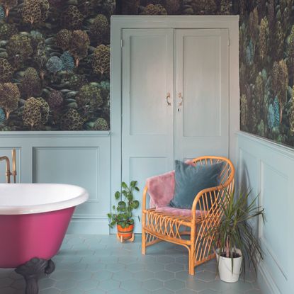 Bathroom with rattan chair in the corner