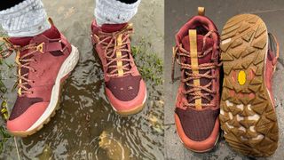 Susan Griffin wearing Teva Grandview GORE-TEX walking shoes in mud side by side with view of walking shoes on tile floor