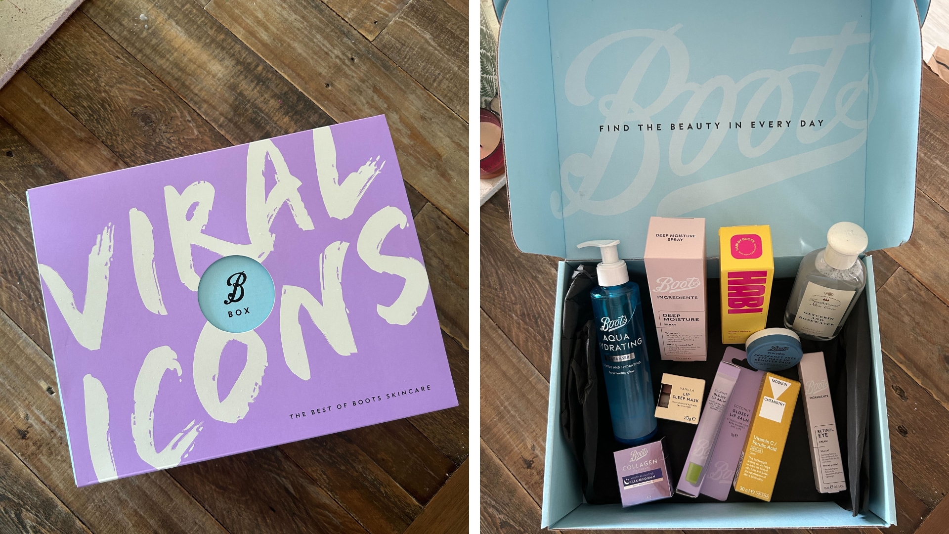 On the left, the purple Boots Viral Icons Beauty Box closed, on the right, a photo showing the inside of the blue Boots Viral Icons Beauty Box and its contents