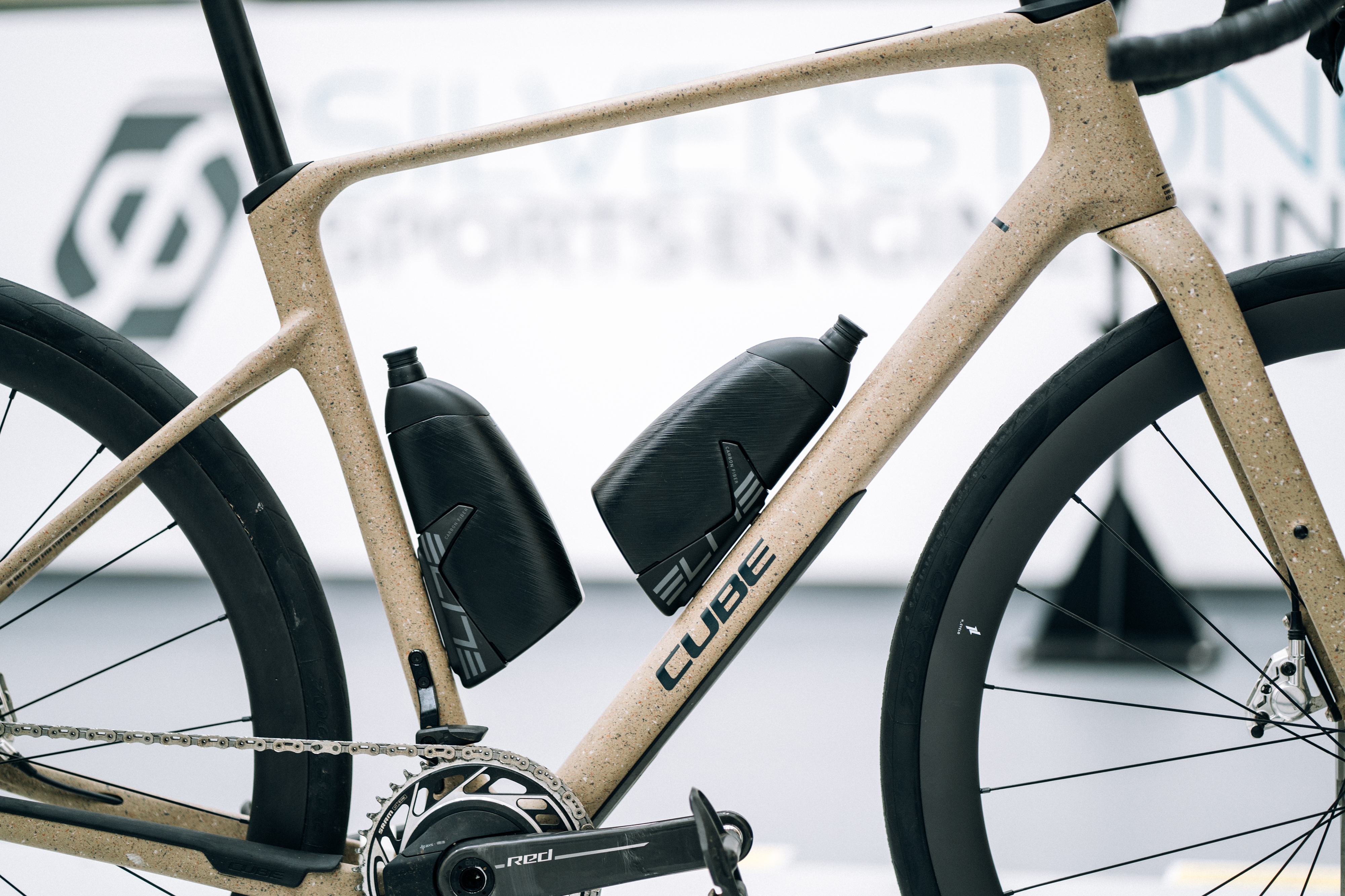 The bottle configuration on a Cube bike, which sits in a wind tunnel with