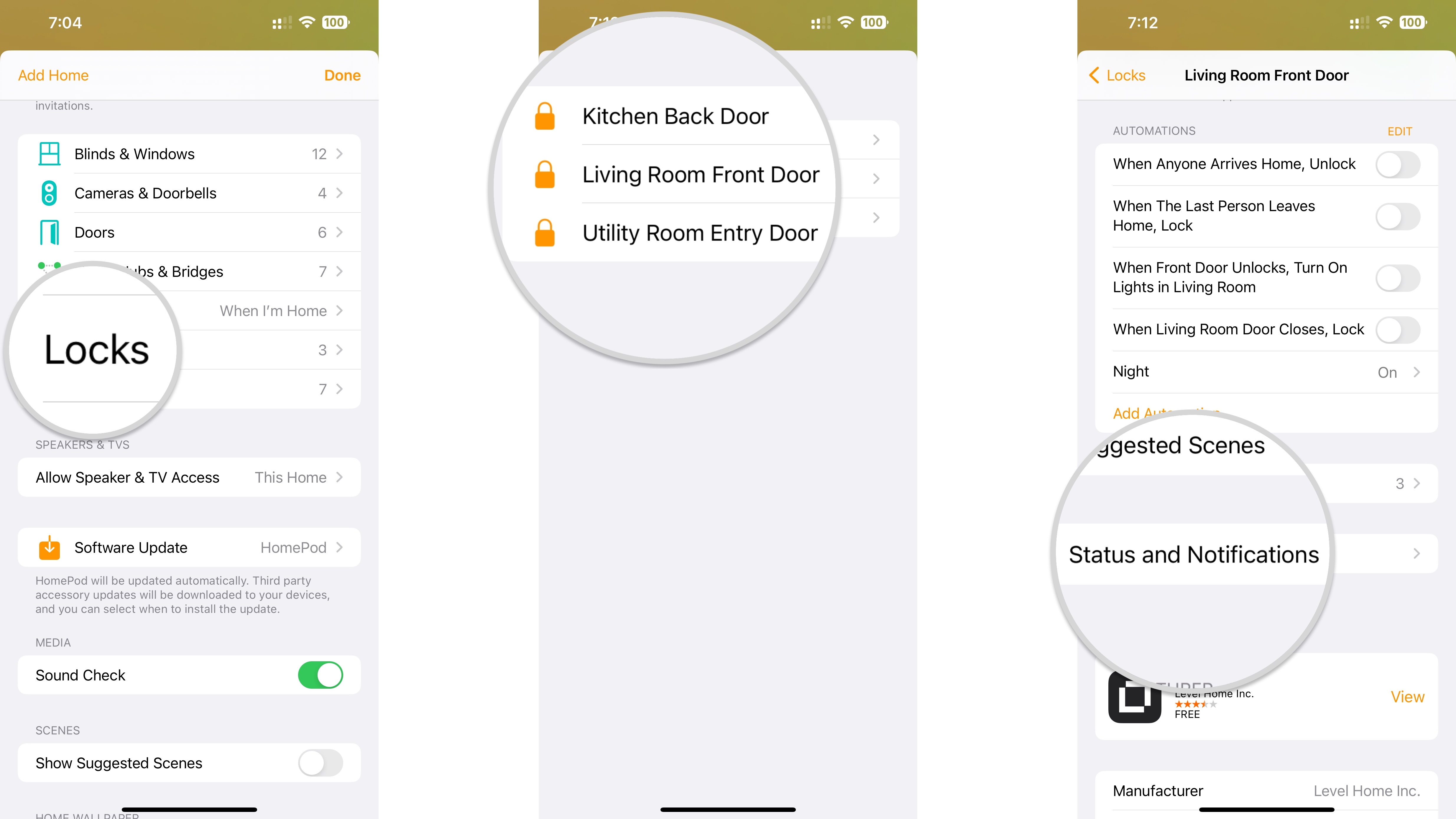 How to enable HomeKit lock notifications on an iPhone by showing steps: Tap Locks, Tap the name of the lock that you wish to manage, Tap Status and Notifications.