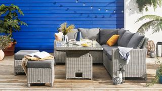 best outdoor furniture set for compact spaces with corner sofa, adjustable sofa and stools