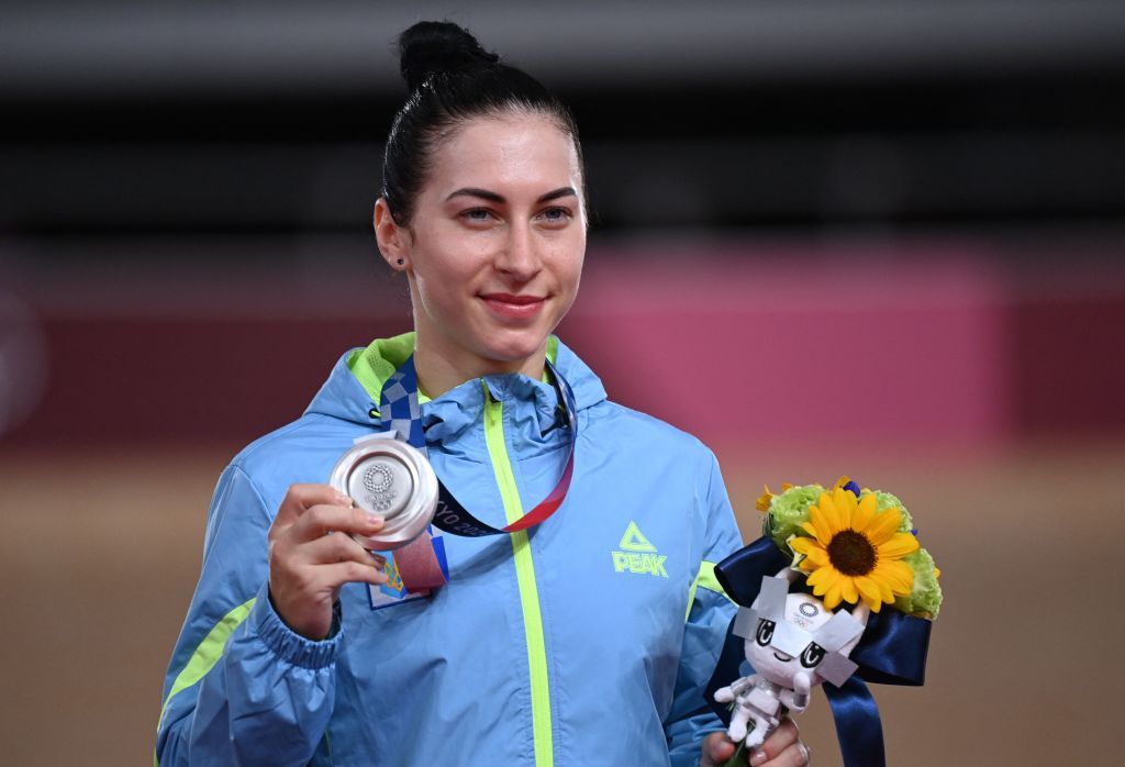 Silver medallist Ukraines Olena Starikova poses with her medal after the womens track cycling sprint finals during the Tokyo 2020 Olympic Games at Izu Velodrome in Izu Japan on August 8 2021 Photo by Peter PARKS AFP Photo by PETER PARKSAFP via Getty Images