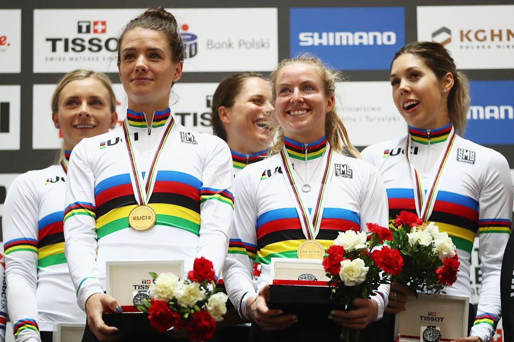 Alexandra Manly, Annette Edmondson, Ashlee Ankudinoff, Georgia Baker and Amy Cure of Australia celebrate winning the gold medal in the Women's Team Pursuit Final