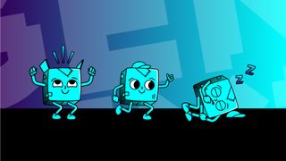 three blue cube shaped characters