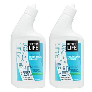 Two cloudy white plastic bottles with slanted spouts and screw cap lids. Blue labels on the front with 'Better Life' branding on them.