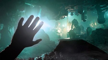 In Cthulhu: The Cosmic Abyss, the protagonist raises their hand as against the light a bipedal sea creatures gather around a glowing orb