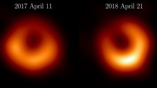 The Event Horizon Telescope Collaboration has released new images of M87* from observations taken in April 2018, one year after the first observations in April 2017. The new observations in 2018, which feature the first participation of the Greenland Telescope, reveal a familiar, bright ring of emission of the same size as we found in 2017. This bright ring surrounds a dark central shadow, and the brightest part of the ring in 2018 has shifted by about 30º relative from 2017 to now lie in the 5 o’clock position.