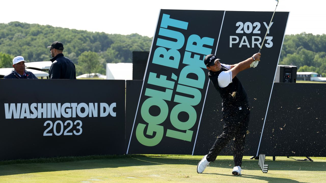 Patrick Reed takes a shot during the pro-am ahead of the 2023 LIV Golf DC tournament