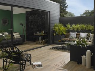 wood effect flooring in living room and outside
