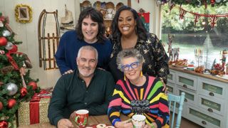 Paul Hollywood, Prue Leith, Alison Hammond and Noel Fielding in the Bake Off tent ahead of the Great British Bake Off Festive Specials 2023 and 2024