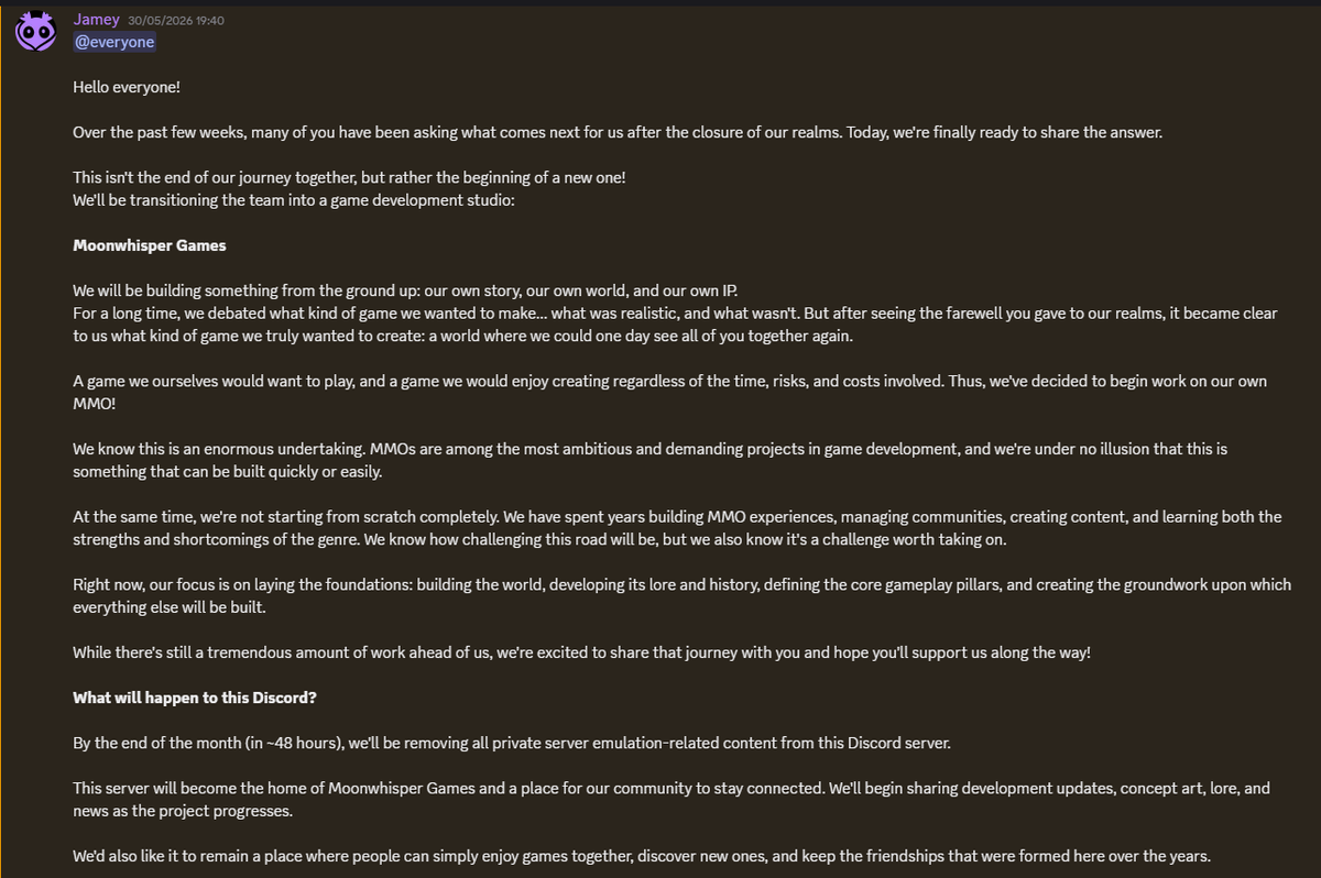 A Discord server announcement, detailing the opening of Moonwhisper Games in the wake of TurtleWoW's shutdown.