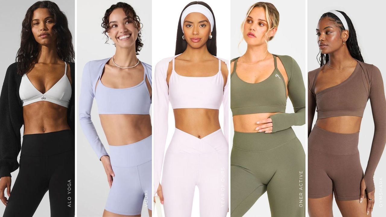 composite of models wearing best pilates shrugs from Alo, Vuori, Revolve, Oner Active, Gymshark