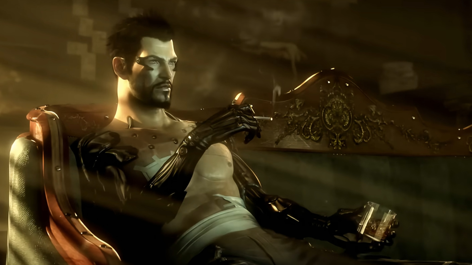 Adam Jensen shirtless and smoking a cigarette during the sci-fi RPG Deus Ex: Human Revolution