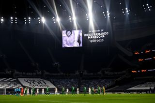 Players and officials observe a minute’s silence at Tottenham Hotspur Stadium in memory of former Argentina player and manager Diego Maradona, who died on Wednesday