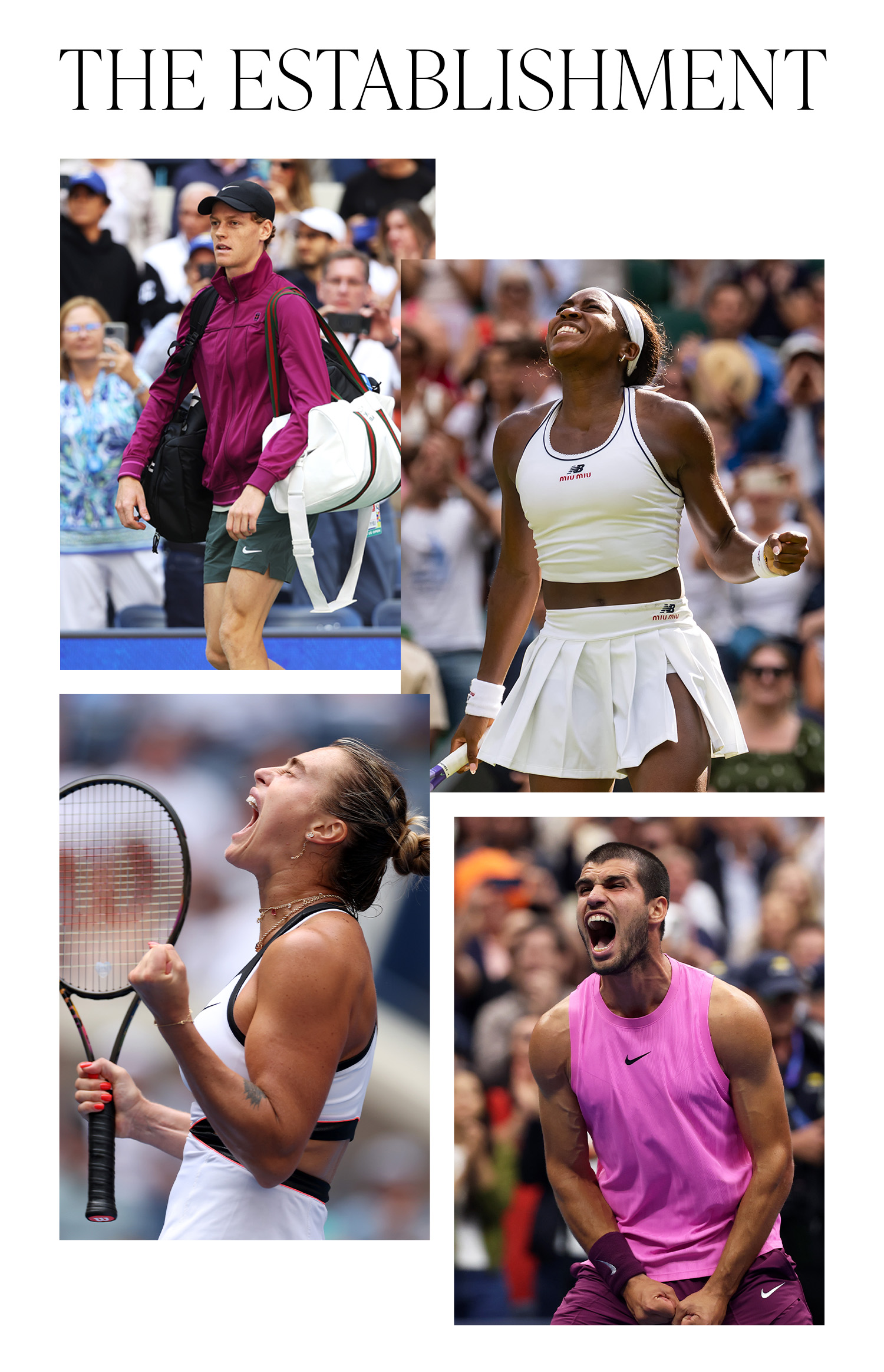 A slide with the title, "The Establishment," on it, featuring images of Aryna Sabalenka, Coco Gauff, Jannik Sinner, and Carlos Alcaraz.