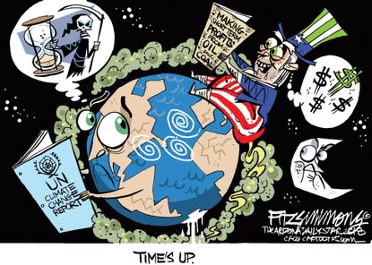 Political cartoon U.S. climate change UN report oil fossil fuels