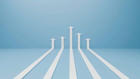White arrows representing growth reaching upwards on a blue background 