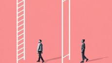 An abstract image of a man approaching a ladder with many rungs while a woman approaches a ladder with only two rungs that are too far apart to climb. The pair desaturated, the ladders are white, and all are set against a salmon pink background.