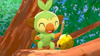 Pokemon Sword and Shield: Grookey in a tree with a berry