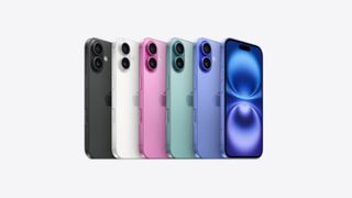 Image of six iPhone 16s lined up alongside each other to show the five different colours available from the back with one of them turned around to show the front