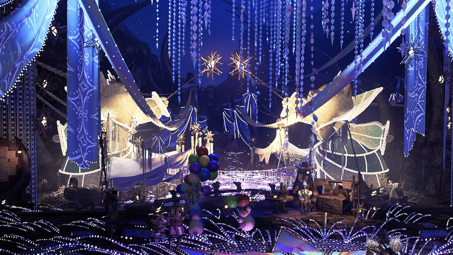 A camp covered in christmas lights, candles, balloons, and sparklers.