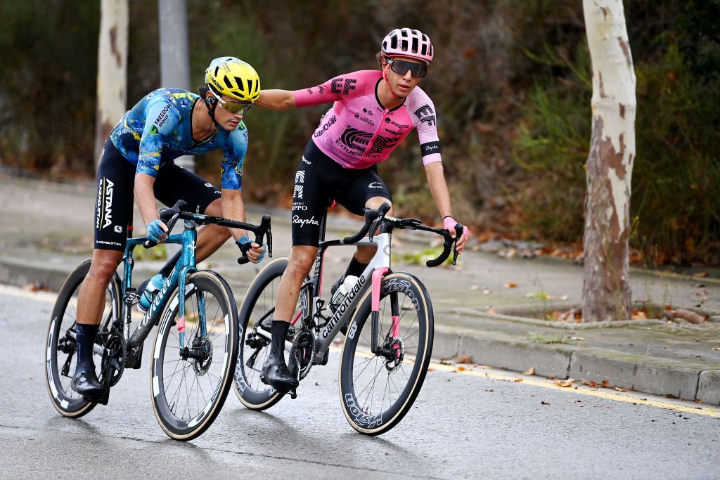 BARCELONA SPAIN AUGUST 27 LR Javier Romo Oliver of Spain and Astana Qazaqstan Team and Andrea Piccolo of Italy and Team EF EducationEasyPost compete in the breakaway during the 78th Tour of Spain 2023 Stage 2 a 1818km stage from Matar to Barcelona UCIWT on August 27 2023 in Barcelona Spain Photo by Tim de WaeleGetty Images