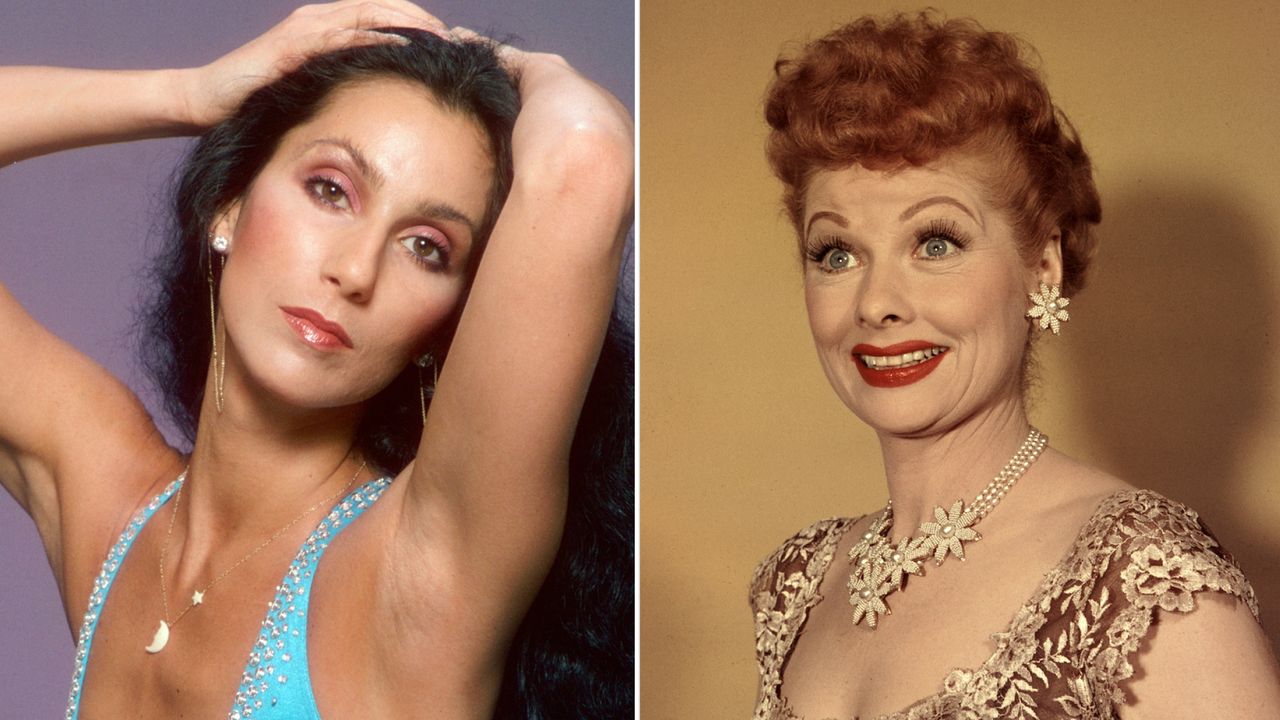 Lucille Ball wears a gold floral dress with flowery jewelry while Cher poses in a turquoise Bob Mackie bodysuit