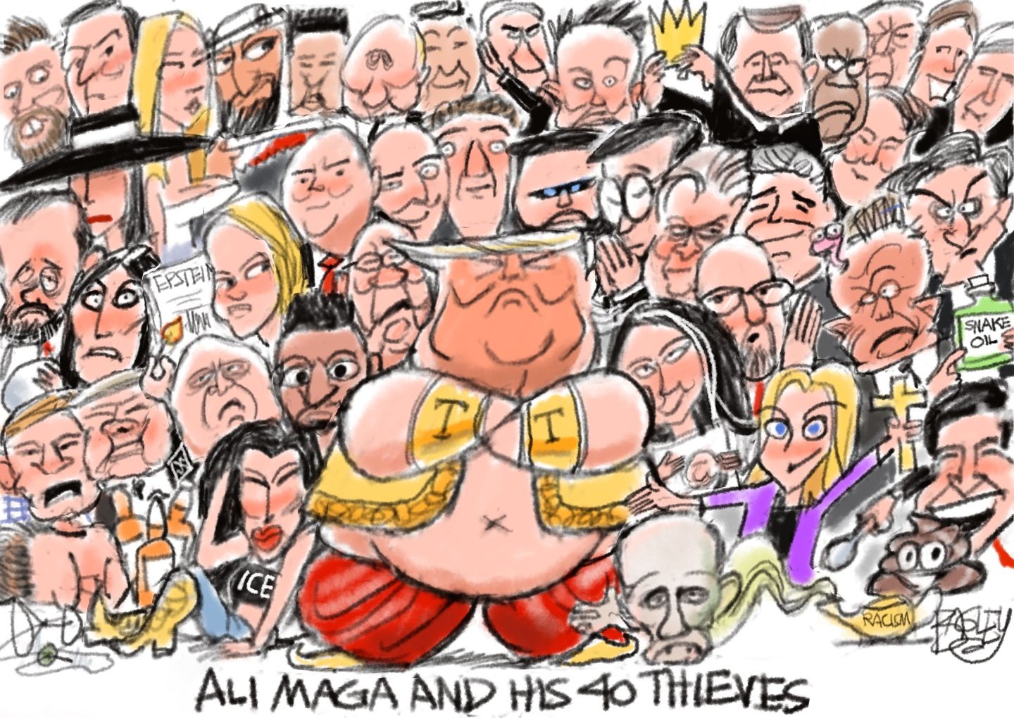 
                                A caricature of Donald Trump is dressed as a genie, with flowing pants and his arms folded. Behind him are dozens of other caricatures, including Kristi Noem as Ice Barbie, a grumpy Clarence Thomas, Elon Musk, Karoline Leavitt, and RFK Jr. with a brain worm. The cartoon is titled “Ali Maga and his 40 thieves.”
                            