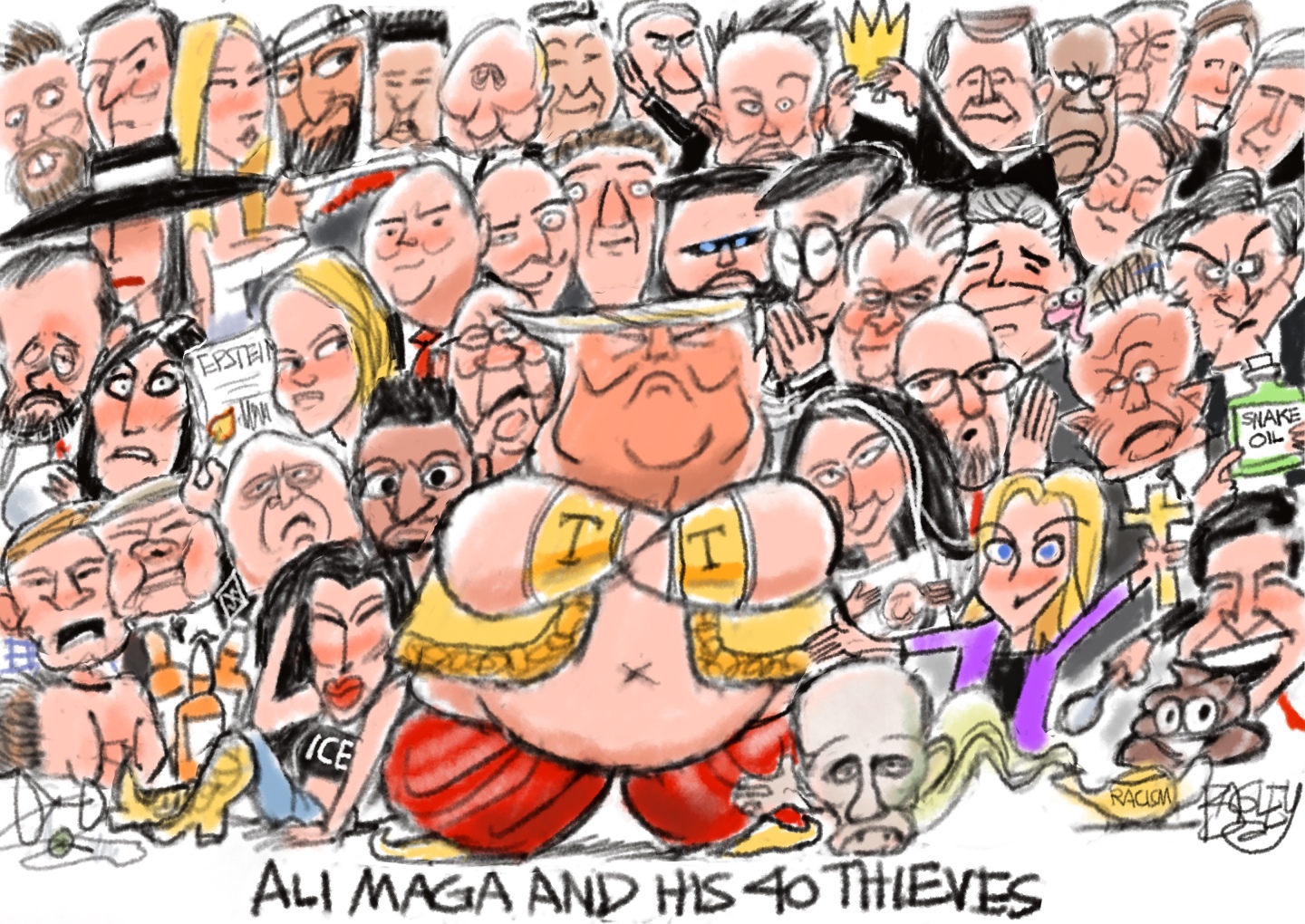 A caricature of Donald Trump is dressed as a genie, with flowing pants and his arms folded. Behind him are dozens of other caricatures, including Kristi Noem as Ice Barbie, a grumpy Clarence Thomas, Elon Musk, Karoline Leavitt, and RFK Jr. with a brain worm. The cartoon is titled &amp;ldquo;Ali Maga and his 40 thieves.&amp;rdquo;