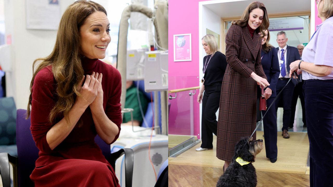 Kate Middleton wearing a maroon turtleneck and clasping her hands to her chest next to a photo of her in a long plaid coat smiling down at a dog in a hospital