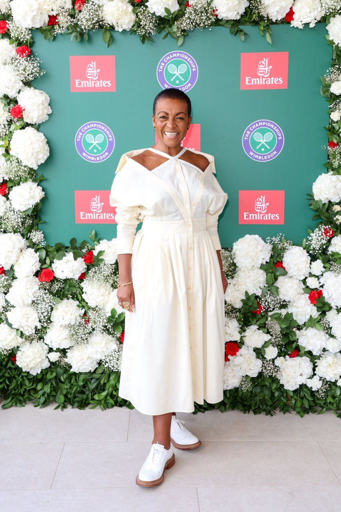 Adjoa Andoh attends wimbledon in white dress