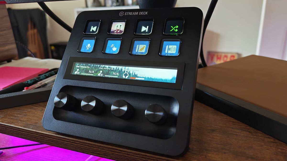 A Stream Deck Plus on a gaming desk
