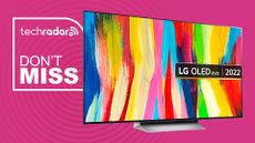LG C2 OLED TV on a pink background with a 'Don't Miss' badge to the left
