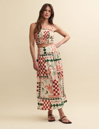 Printed Maxi A-Line Skirt With Linen