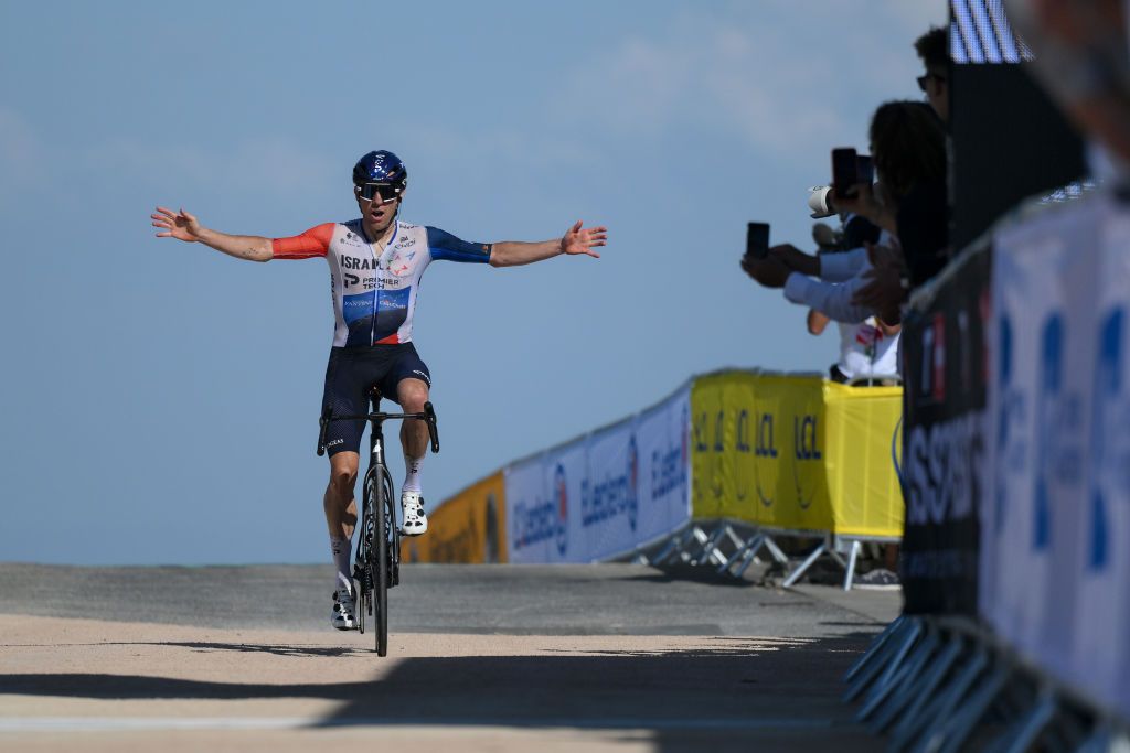 PUY DE DME FRANCE JULY 09 Michael Woods of Canada and Team IsraelPremier Tech celebrates at finish line as stage winner during the stage nine of the 110th Tour de France 2023 a 1824km stage from SaintLonarddeNoblat to Puy de Dme 1412m UCIWT on July 09 2023 in Puy de Dme France Photo by David RamosGetty Images