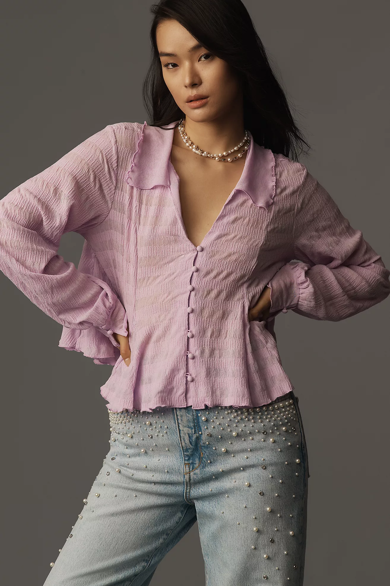 By Anthropologie Long-Sleeve Tie-Front Textured Blouse