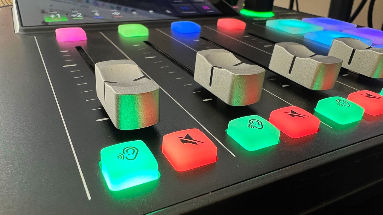 RODECaster Duo's mute and listening buttons up close