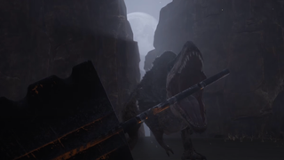 Dinosaur grabs a sword hilt with its mouth