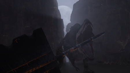 Dinosaur grabs a sword hilt with its mouth