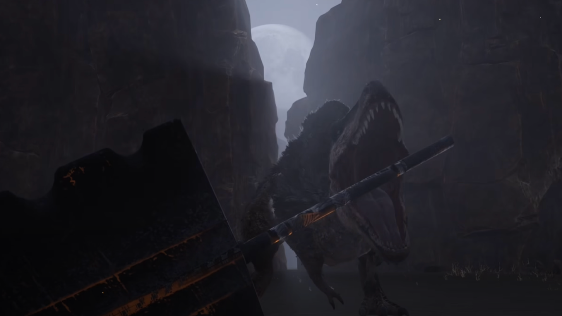 Dinosaur grabs a sword hilt with its mouth