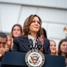 Vice President Kamala Harris speaks during an NCAA championship teams celebration on the South Lawn of the White House on July 22, 2024 in Washington, DC.