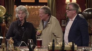 Evelyn Pummer, Roy Cropper and Brian Packham at the Rovers bar in Coronation Street.