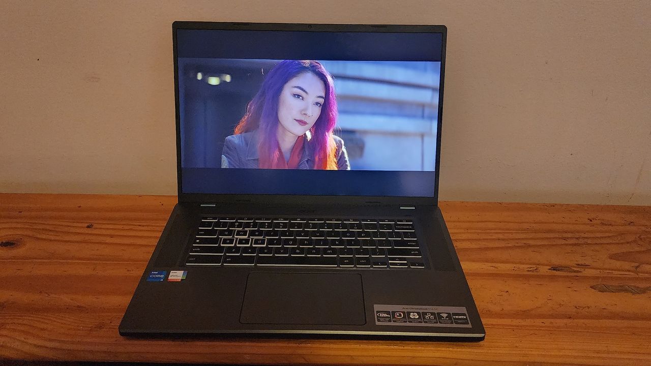 A close up shot of the Acer Chromebook 516 GE's display while viewing a movie or trailer.